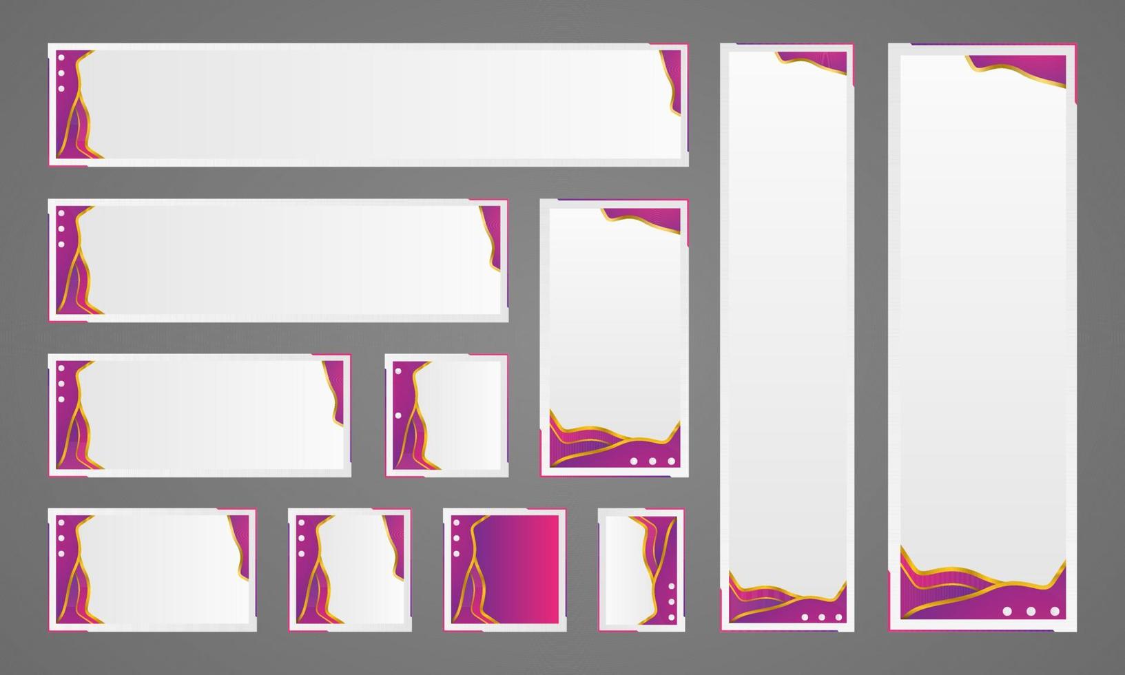 uppsättning av webb banderoller. abstrakt violett bakgrunder, reklam, social media mallar med vertikal, horisontell och fyrkant. vektor
