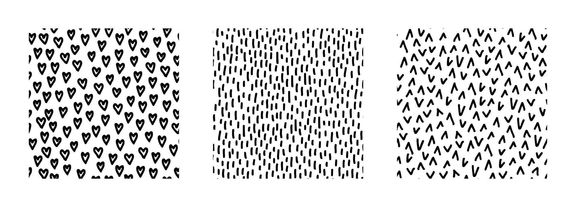 Reihe von abstrakten nahtlosen Mustern mit Texturen. einfache Schwarz-Weiß-Hintergründe mit Kritzeleien. vektor handgezeichnete illustration. Perfekt für Dekorationen, Tapeten, Geschenkpapier, Stoff, Druck.
