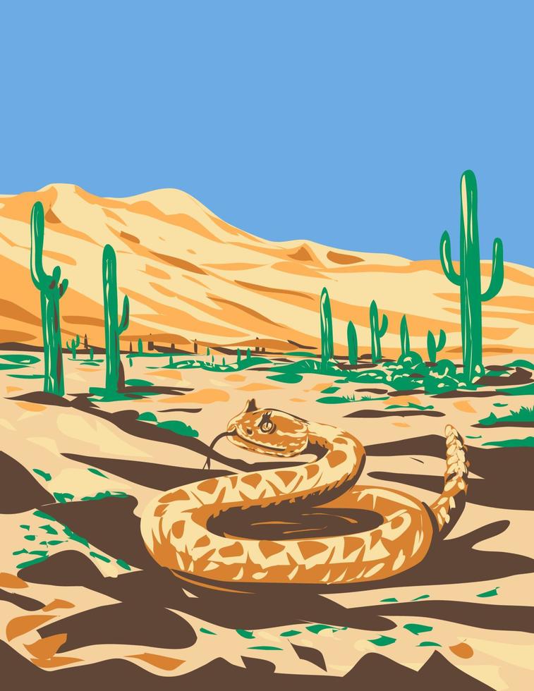 Western Diamantrücken Klapperschlange im Sonora Wüste National Monument Arizona wpa Poster Kunst vektor