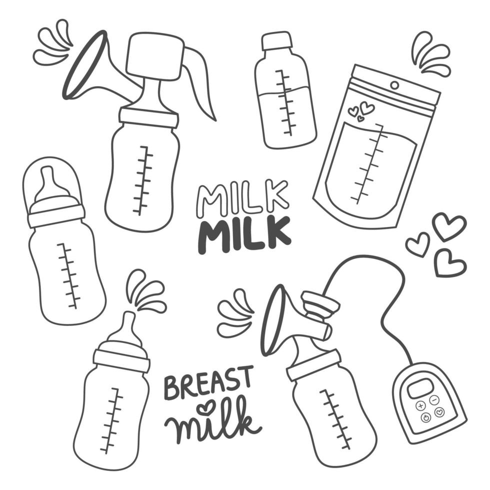 amning Utrustning klotter bröstmjölk bröst pump vektor