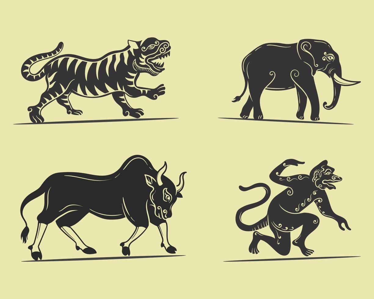 Vektor traditionell Kunst mit Kuh, Elefant, Tiger und Werwolf Tier