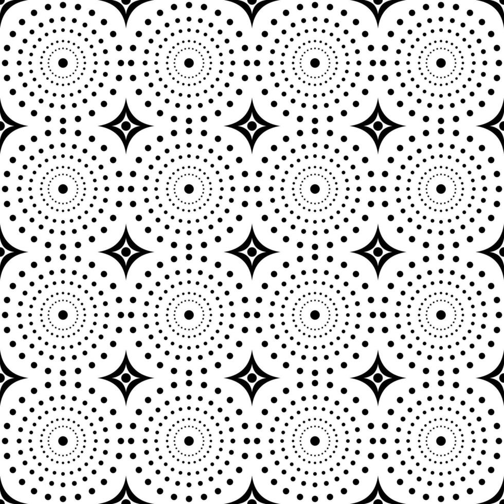 nahtlos Muster einfarbig, kreisförmig geloopt Punkte mit vierzackig Sterne, Fliesen, Stoff Streifen, Tischdecken. vektor