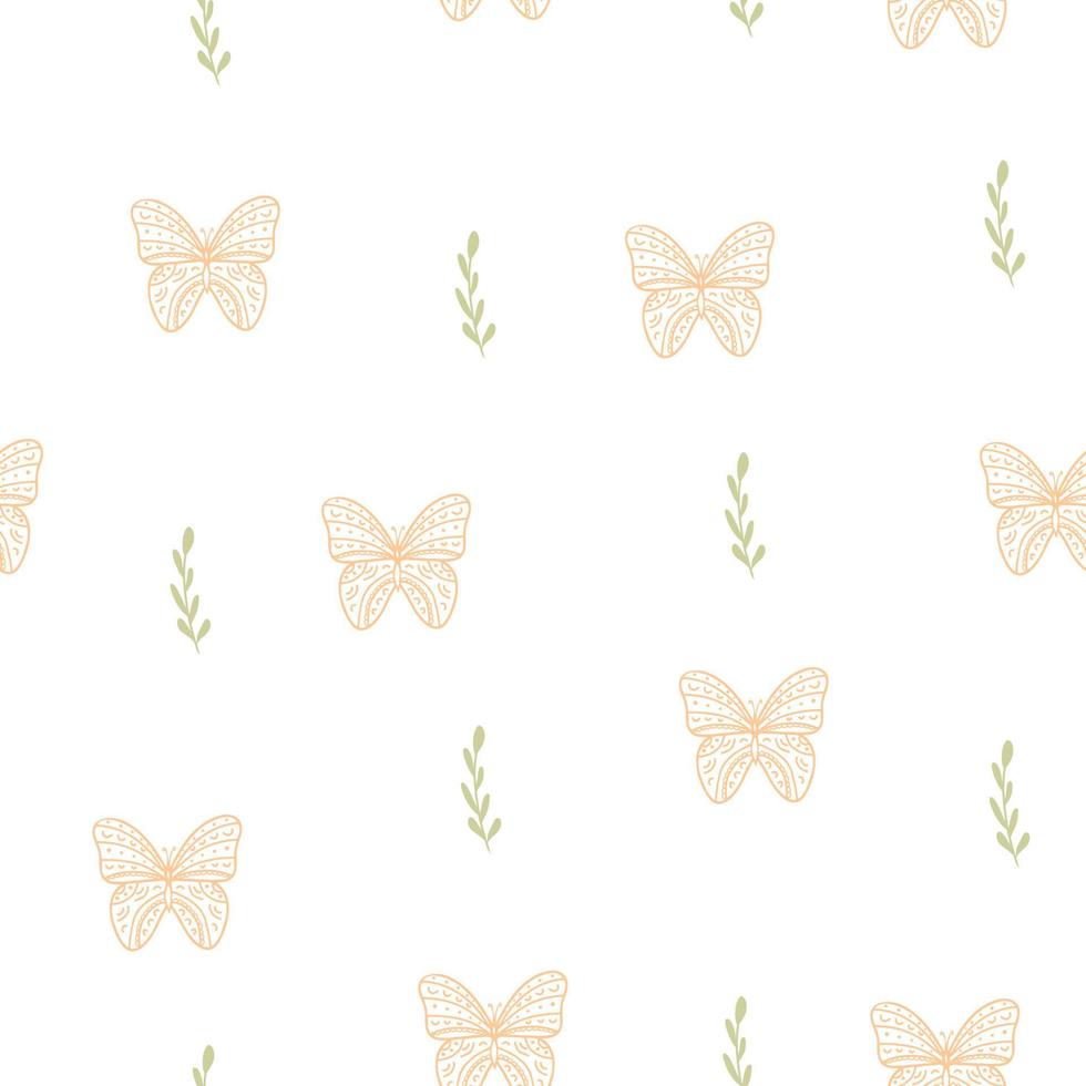 sömlös mönster med abstrakt växt och fjärilar, barnsligt skriva ut för tapeter, barn tyg, barnkammare interiör, pastell bebis dusch illustration, vit bakgrund, botanisk skriva ut i boho stil. vektor