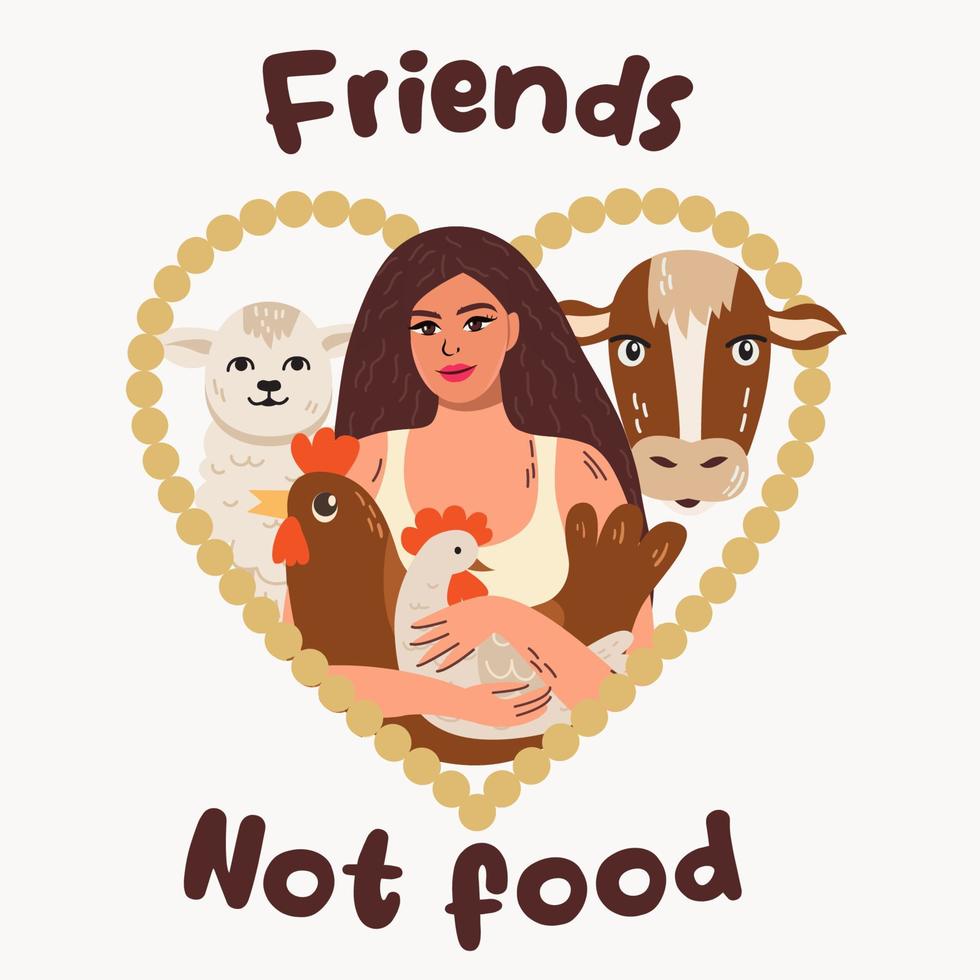 ung kvinna har en ko, kycklingar, en lama och de inskrift vänner är inte mat i en rosa bubbla. vektor illustration på de ämne av veganism och vegetarianism.