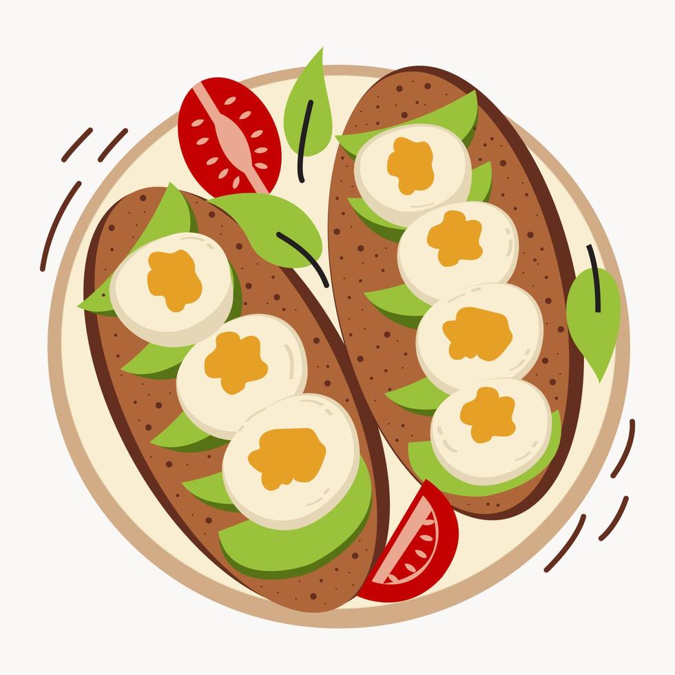 Avocado Toast mit frisch Scheiben von reif Avocado, Eier, Würze und Dill, Tomate. köstlich Avocado Sandwich. Vektor Illustration