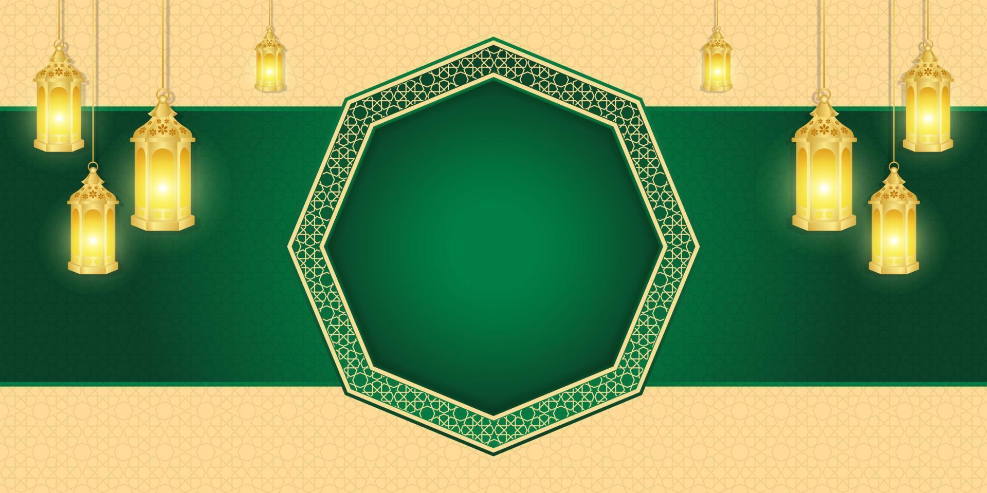 islamic bakgrund för ramadan kareem och eid mubarak 2023. gyllene och grön, med lykta, islamic prydnad mönster vektor