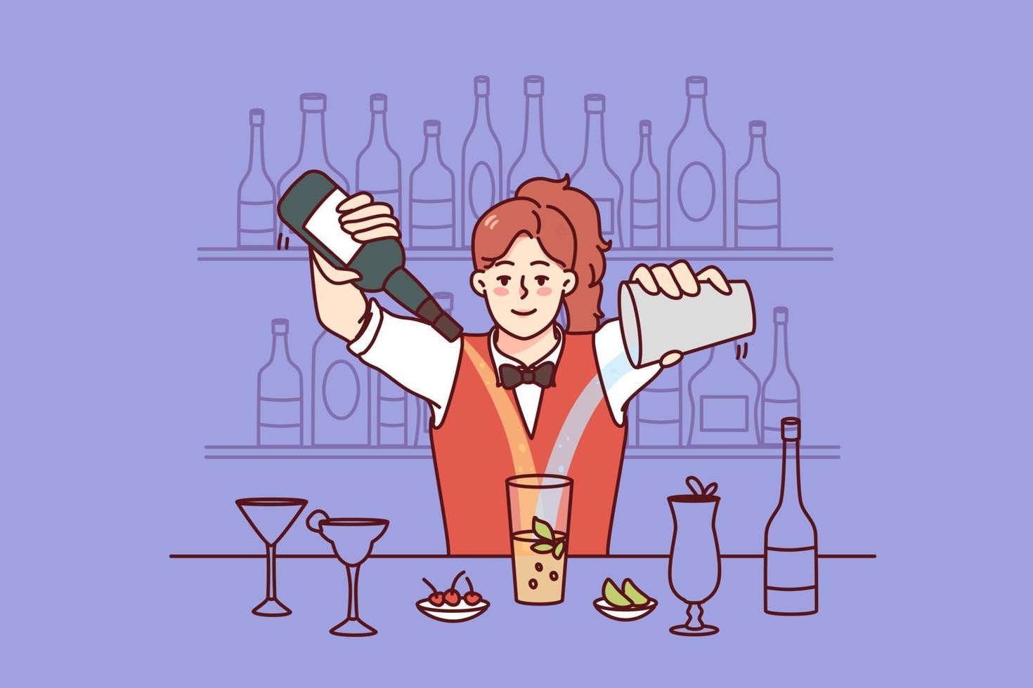 ung kvinna framställning cocktails på bar. Lycklig kvinna barmen blanda alkohol framställning dryck eller dryck i restaurang. vektor illustration.