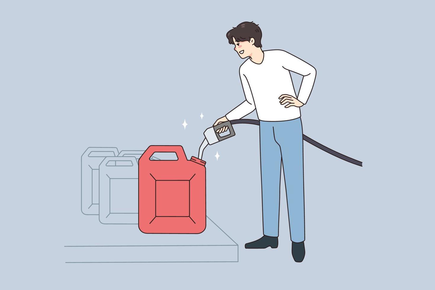 männlich Treiber mit Pistole horten Benzin im können beim Gas Bahnhof. lächelnd Mann Kaufen Petroleum sammeln Flüssigkeit im Kanister. eben Vektor Illustration, Karikatur Charakter.