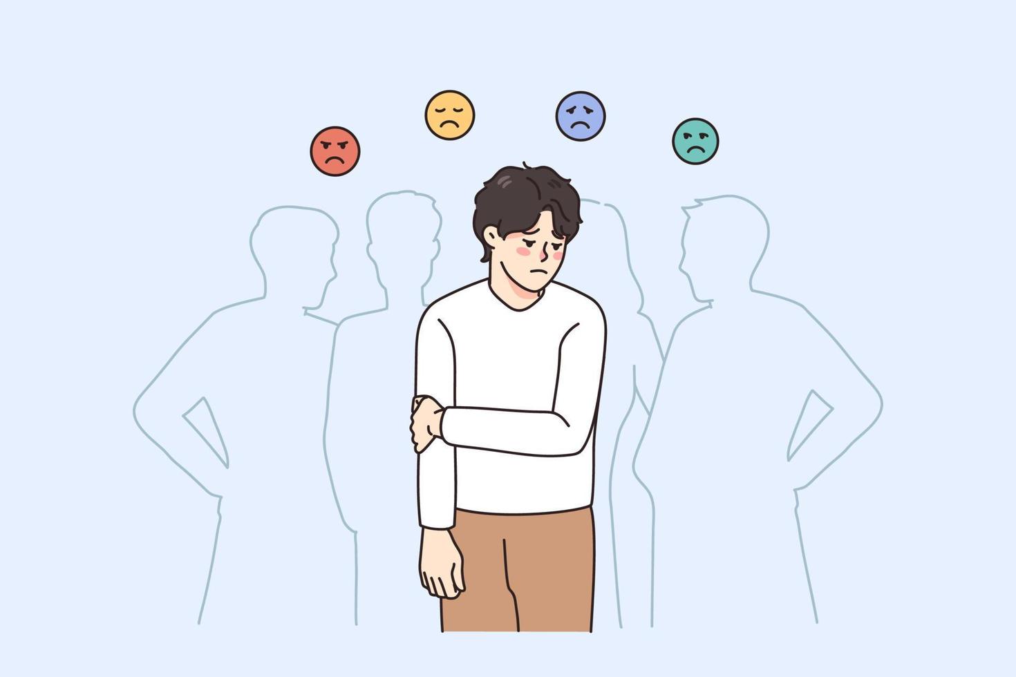 traurig Kerl Gefühl einsam und unbequem im Gesellschaft. unzufrieden jung Mann leiden von Einsamkeit und Einsamkeit im Menge, haben verschiedene Emotionen. Frustration und Depression. Vektor Illustration.