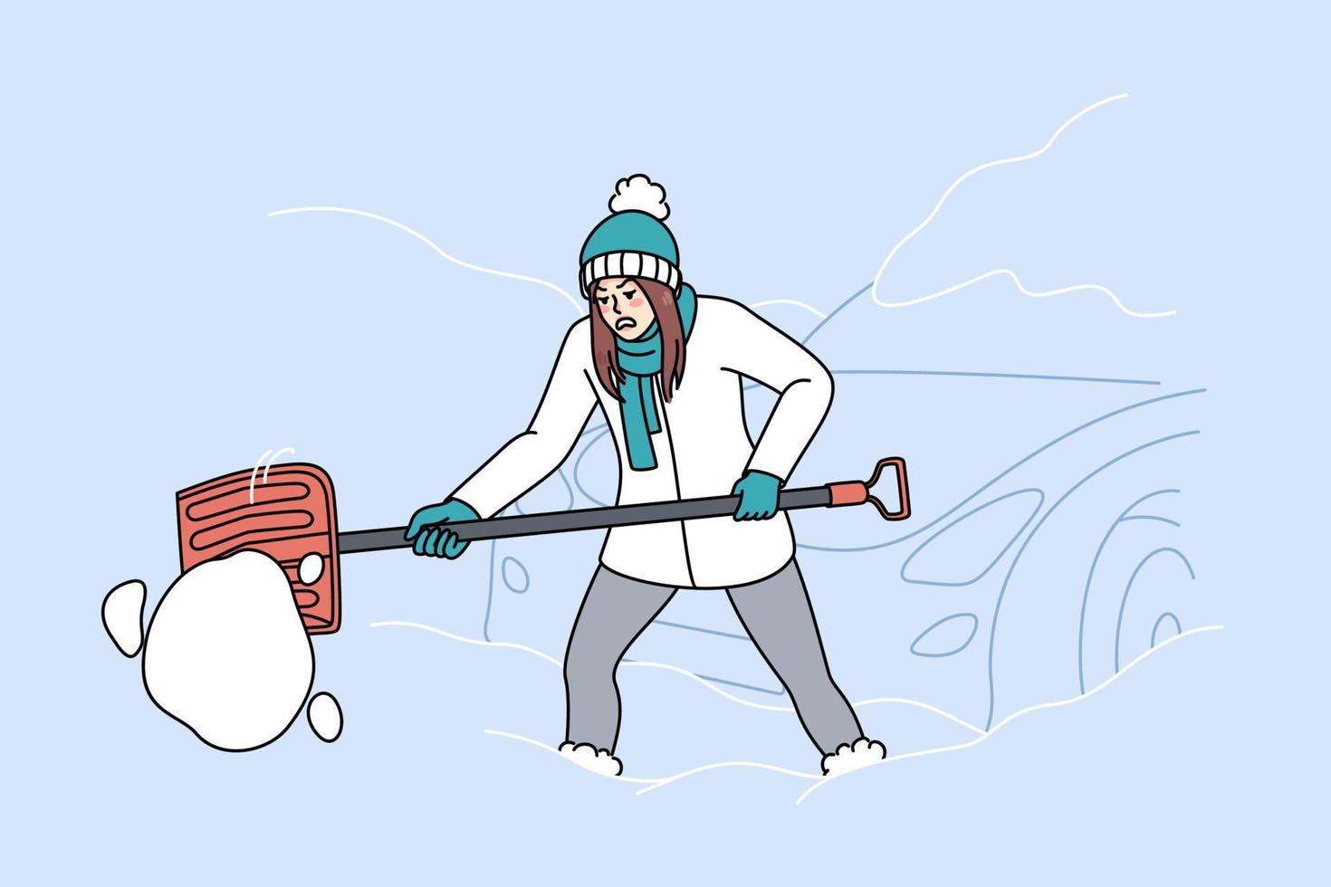 olycklig trött kvinna med skyffel gräv ut bil från snö på vinter- morgon. galen kvinna rena bil täckt med snö efter snöstorm. stormig väder skick. vektor illustration.