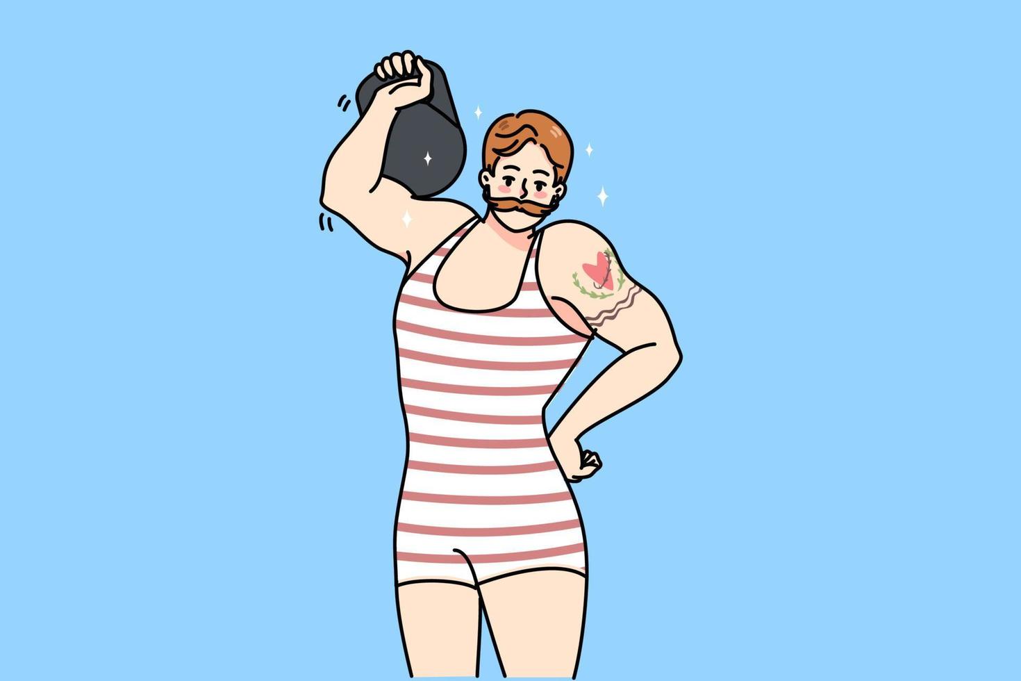 manlig cirkus kraftlyftare med tatuering ha på sig trikå hiss hantel visa kraft. stark man eller tyngdlyftare prestera hämma med skivstång. powerlifting prestanda, sport begrepp. vektor illustration.