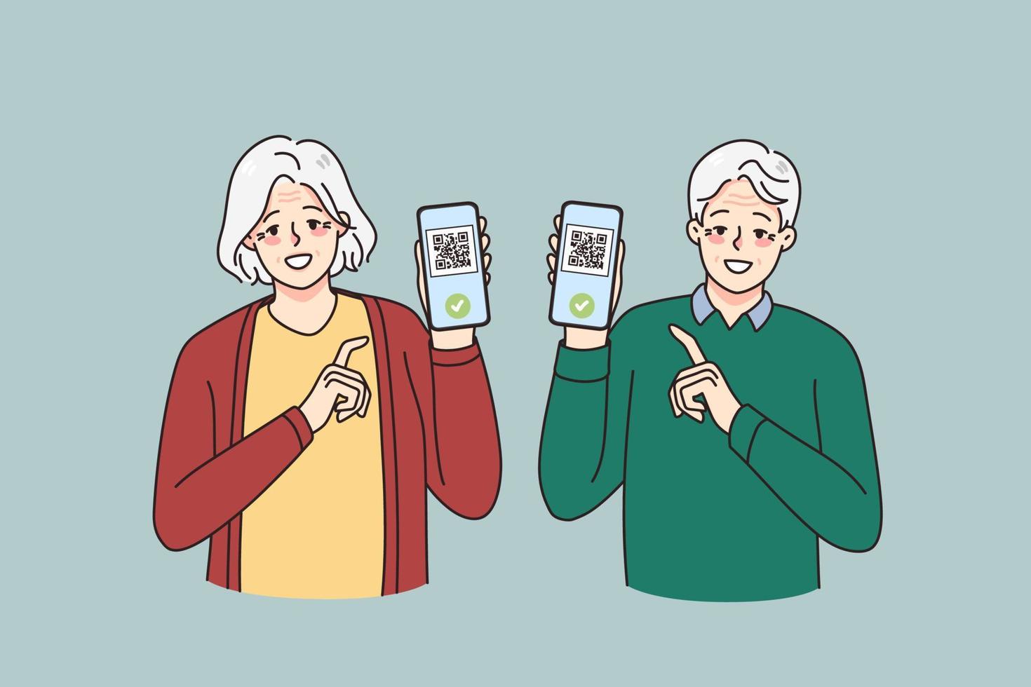 leende gammal man och kvinna visa digital qr koder vaccination certifikat på mobiltelefoner. Lycklig mogna par demonstrera covid vacciner hälsa pass på smartphone. vektor illustration.