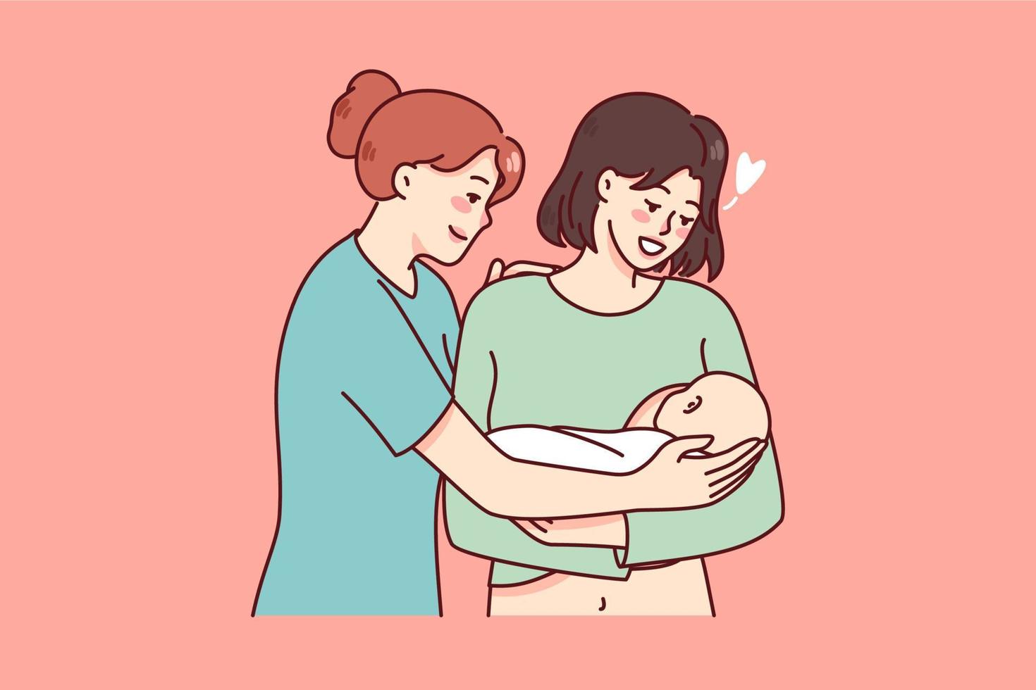 glücklich Krankenschwester und jung Mutter halten Neugeborene Baby auf Hände. lächelnd Mama Treffen Kind Säugling haben Komfort von Arzt. Mutterschaft Konzept. eben Vektor Illustration.