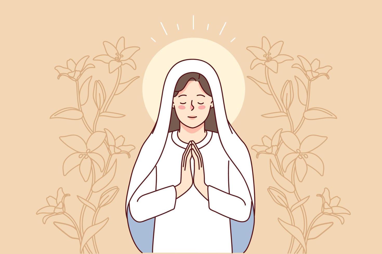 Jungfrau Maria umgeben durch Lilien beten. Mutter von Jesus Christus im Gebet. Vertrauen und Religion. Vektor Illustration.