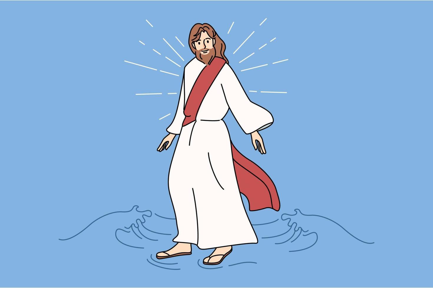 Jesus Christus Gehen Wasser. biblisch Geschichte von Messias Spaziergänge auf Wasser Oberfläche. Religion und Glaube. Christentum. eben Vektor Illustration.