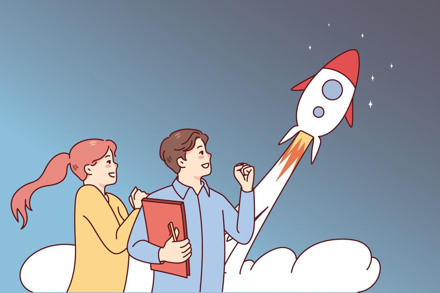 människor upphetsad handla om raket flygande i himmel. affärsmän fira delad företag börja lansera. innovation och projekt Start. vektor illustration.