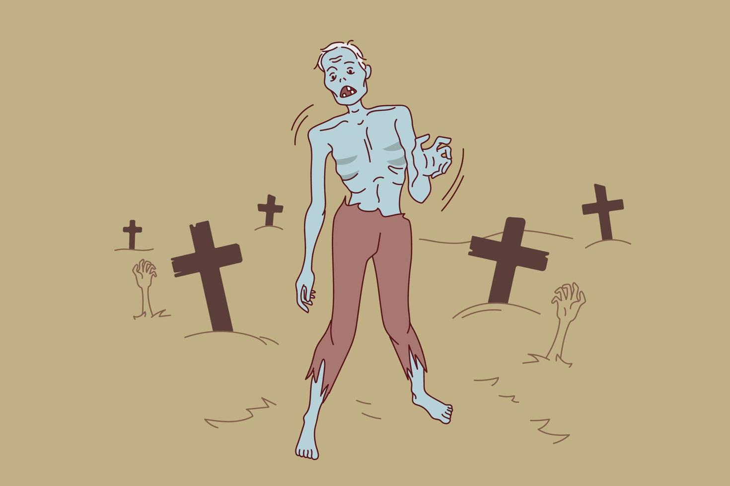 zombie gående på kyrkogård på natt. kuslig monster på halloween utanför. gående död. vektor illustration.