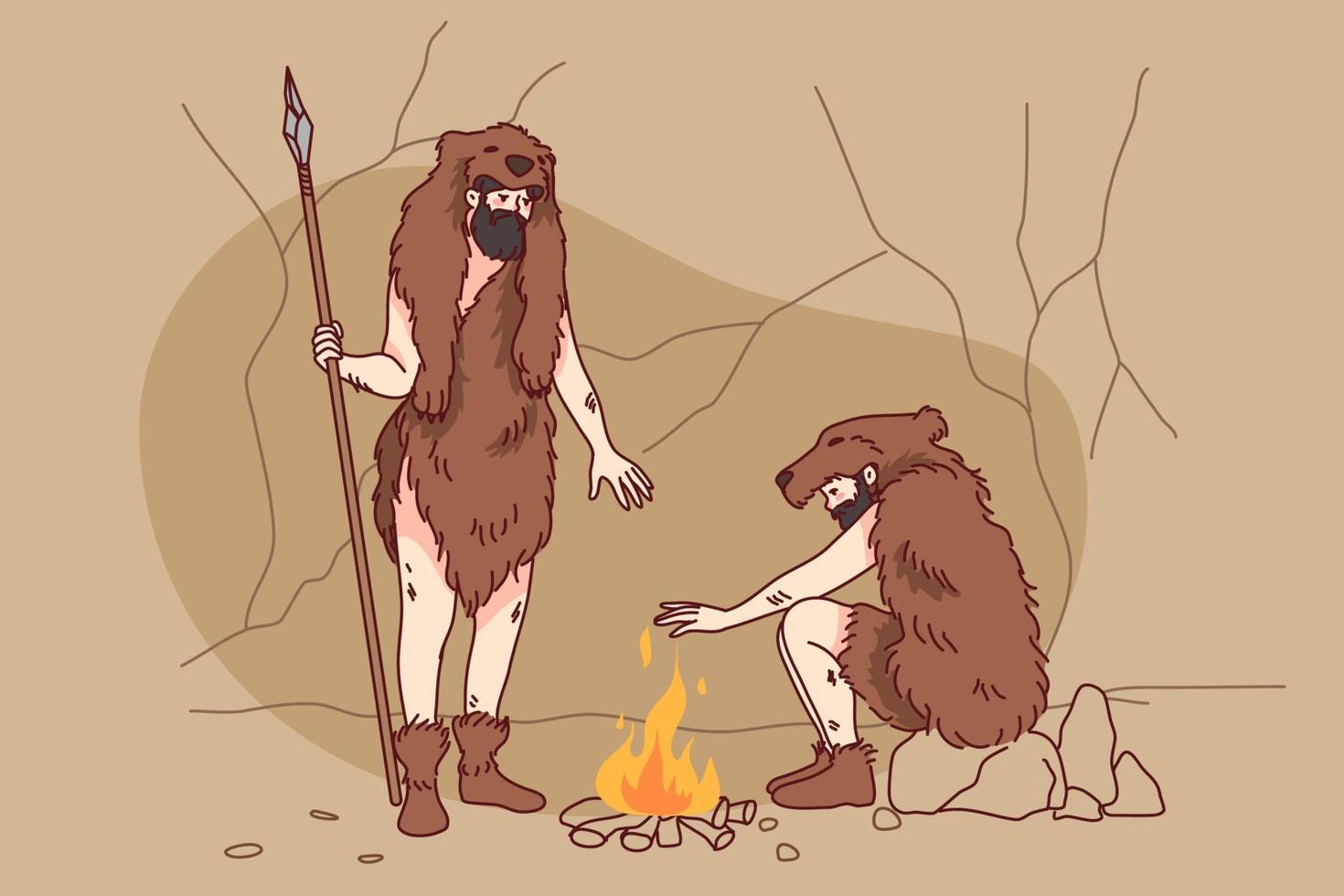 Höhlenmenschen im Tier Pelz Kleider Rahmen Feuer außen. Stammes- Männer Herstellung Lagerfeuer während uralt Alter draußen. eben Vektor Illustration.