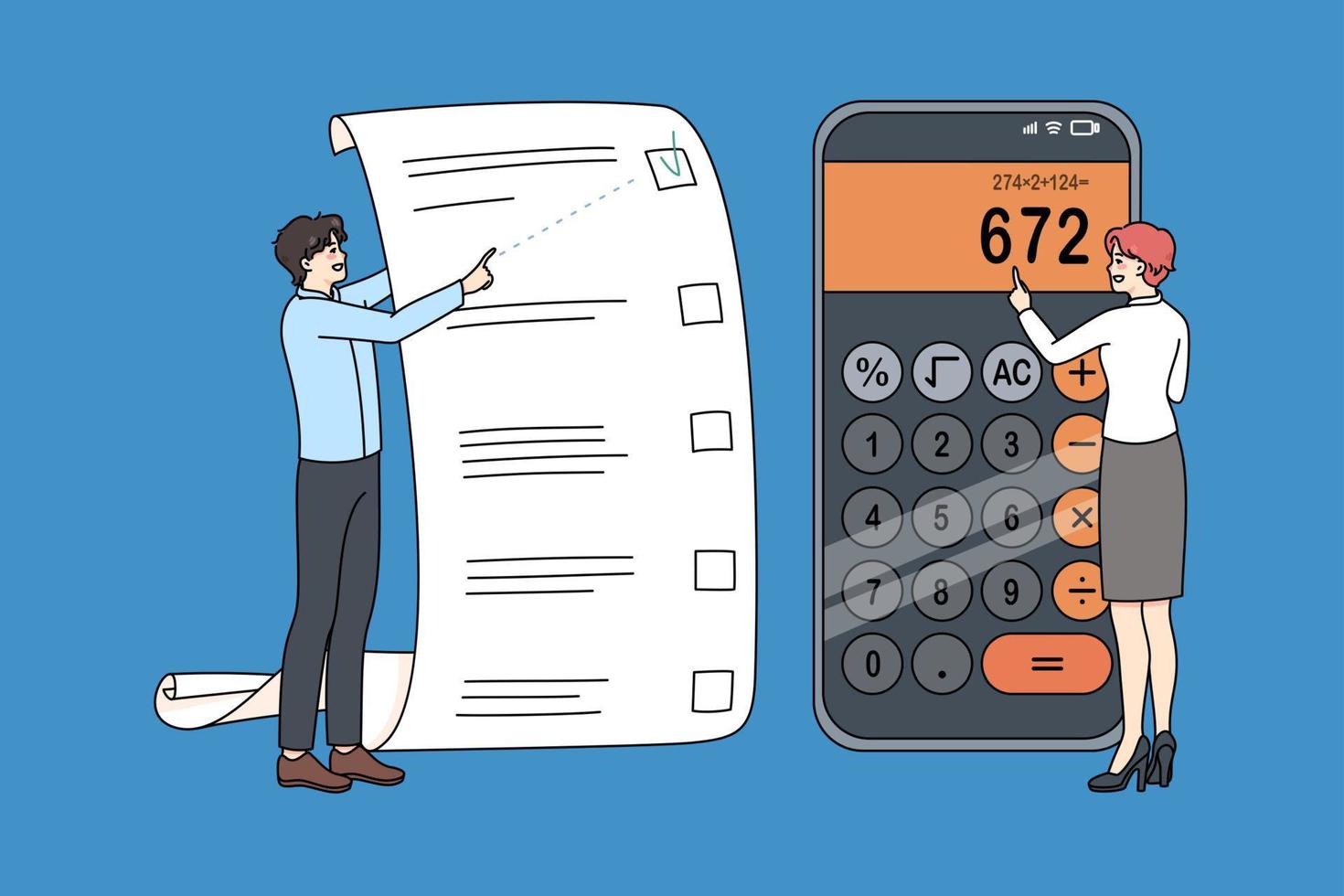 Familie Planung Budget rechnen Kosten Ausgaben auf Maschine. Paar mit Einkaufen aufführen Anzahl Finanzen auf Taschenrechner. Geld Planer und finanziell sparen. Vektor Illustration.