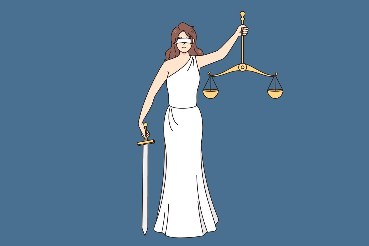 Dame Gerechtigkeit halten Waage und Schwert Stand zum Gesetz und Befehl. Göttin themis oder Femida mit wiegt im Hände. Zuständigkeit und legal Institution Konzept. Vektor Illustration.