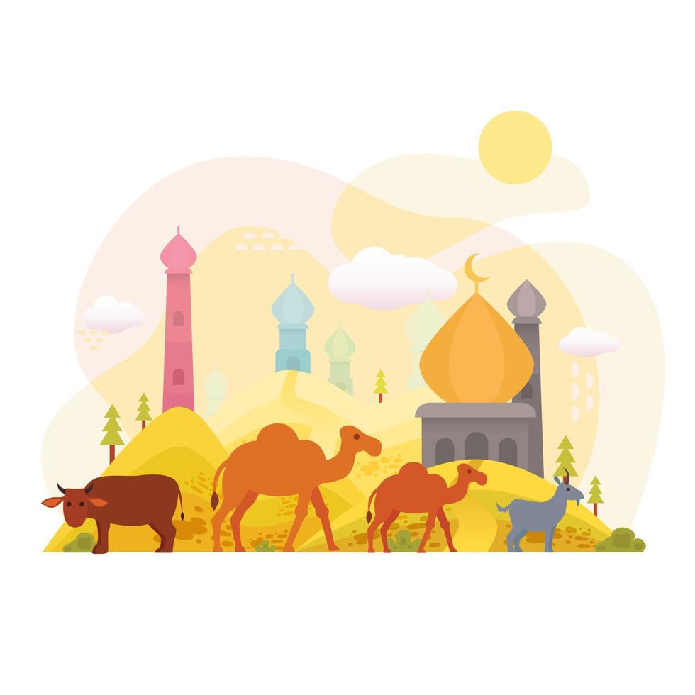 eid al adha Karikatur Illustration im das Wüste mit Moschee Hintergrund Vektor Illustration