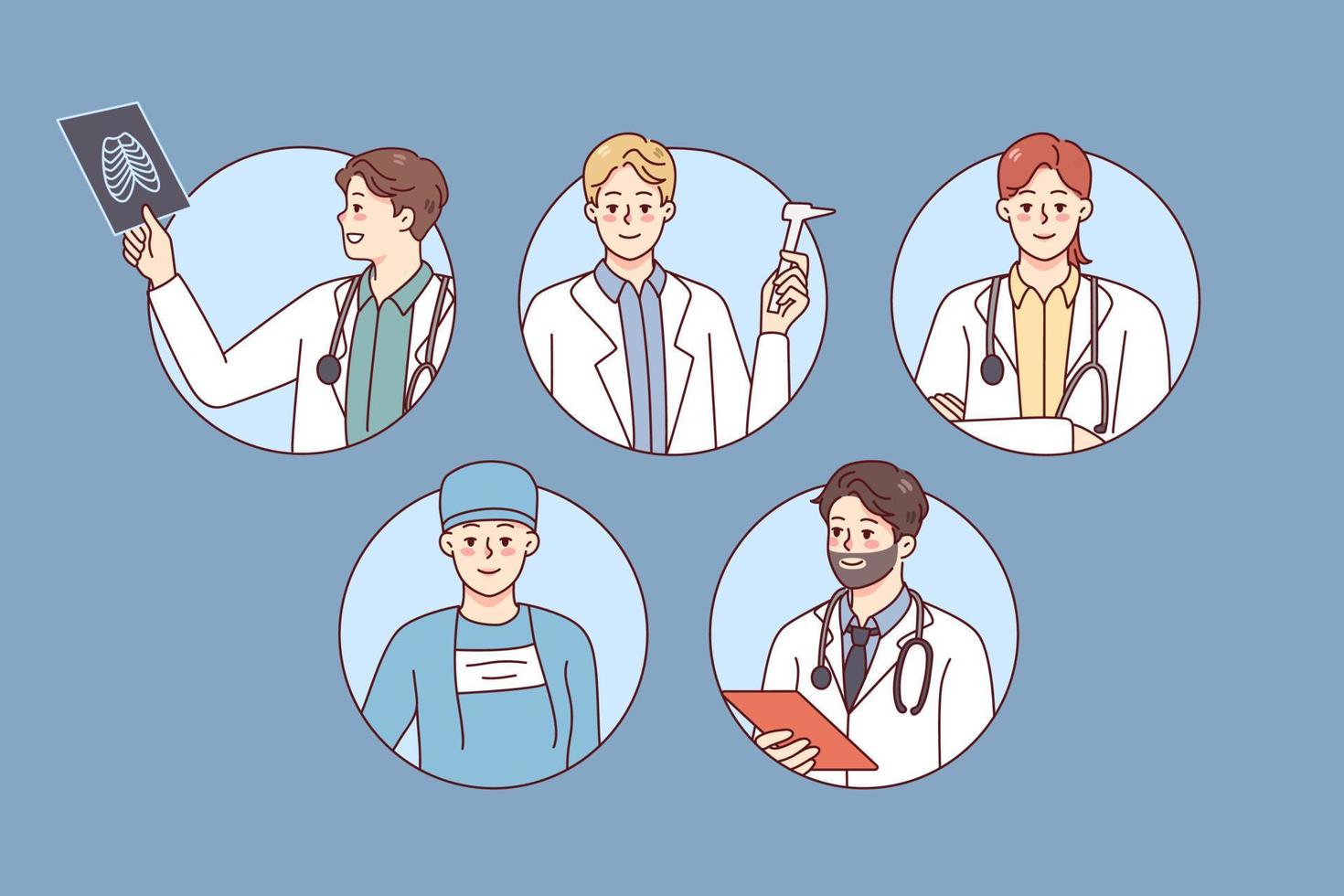 Profil Bilder von medizinisch Mitarbeiter im Weiß Uniformen. Avatare von Ärzte und Krankenschwestern Arbeiten im Krankenhaus. Medizin und Gesundheitspflege. Vektor Illustration.