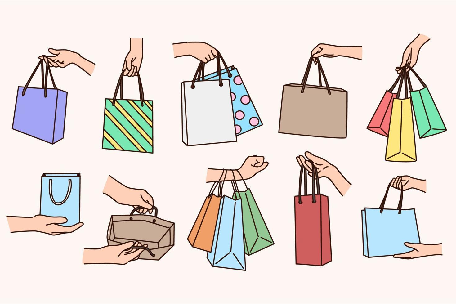 einstellen von Menschen halten vielfältig Einkaufen Taschen Kauf Waren und Kleidung. Sammlung von Personen mit Hand voll von Pakete oder die Geschenke. Feier und Geschenk Paket. Vektor Illustration.