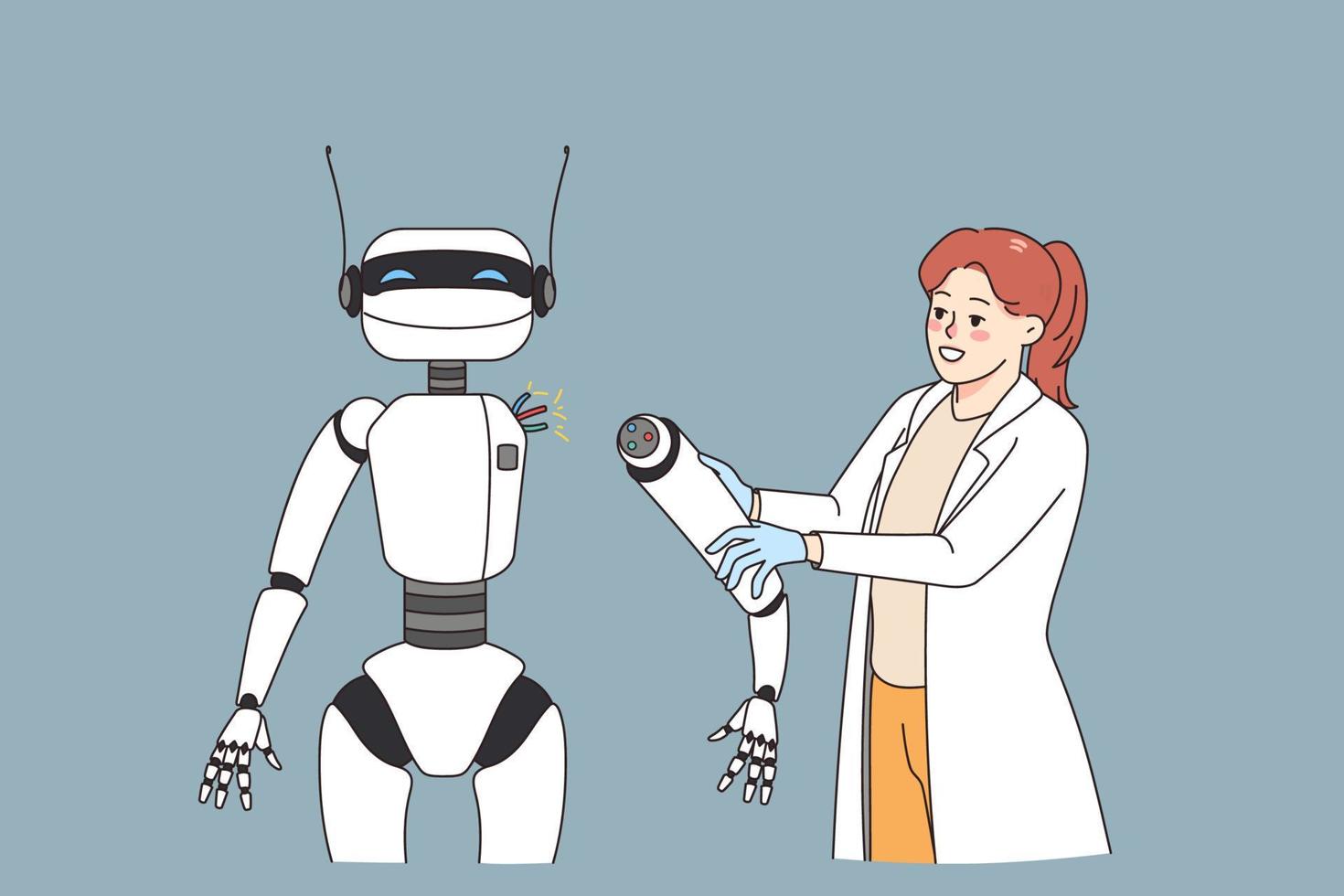 leende kvinna forskare ansluta hand till robot studie programmering. Lycklig kvinna professionell arbete med humanoid eller cyborg. teknologi och ai. artificiell intelligens. vektor illustration.