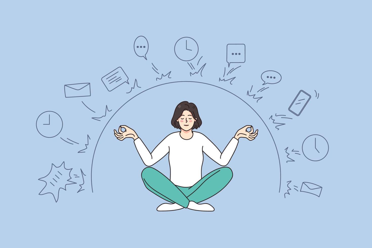 Ruhe Frau sitzen im Lotus Position meditieren ablenken von Arbeit Angebote und Job Probleme. entspannt weiblich trainieren Yoga haben Digital Entgiftung. Meditation Konzept. Stress frei. Vektor Illustration.