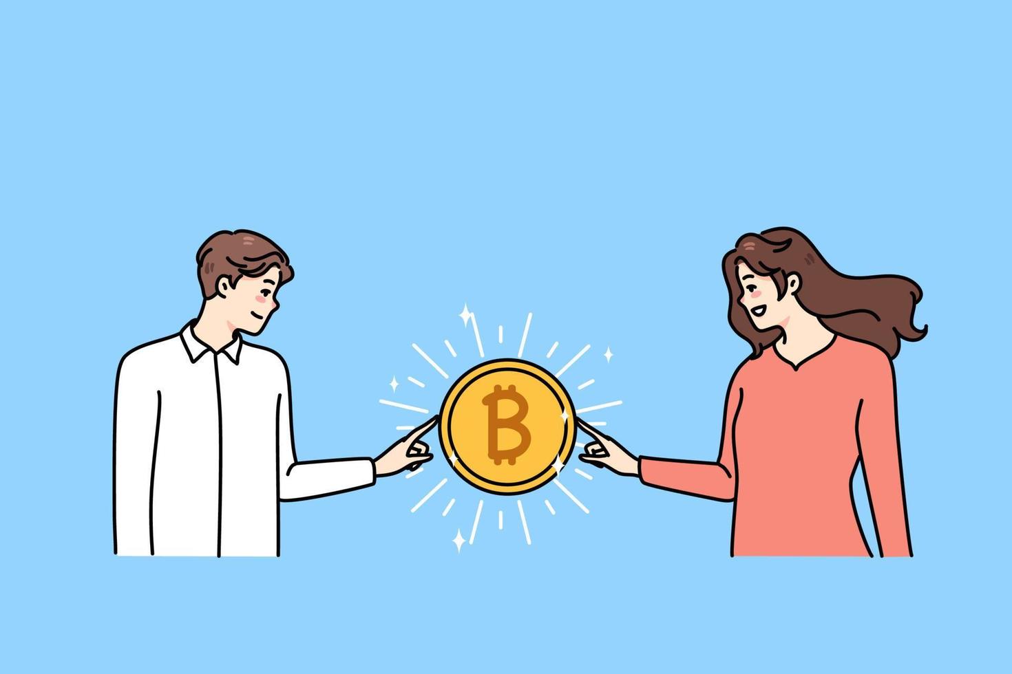 Lycklig man och kvinna Rör håll bitcoin tjäna pengar på stock utbyta. olika människor involverad i kryptovaluta brytning eller handel. passiv inkomst, virtuell guld. vektor illustration.