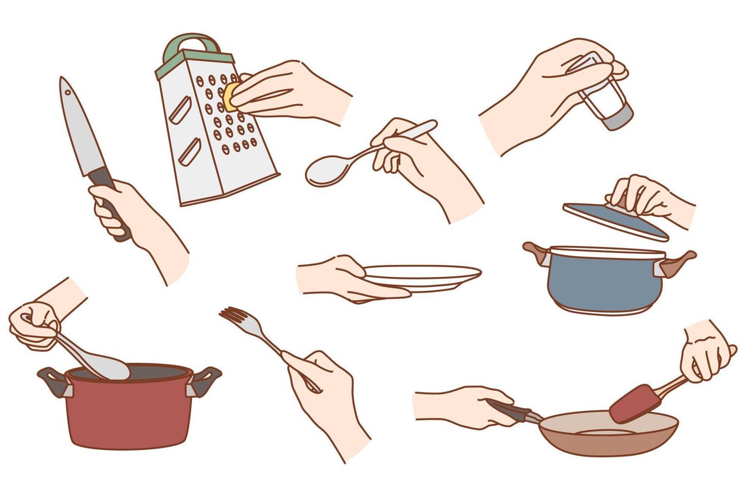 einstellen von Person verwenden Küche Werkzeug bereiten Essen beim Zuhause oder Restaurant. Sammlung von Hand Kochen Utensilien oder Ausrüstung Mahlzeit Vorbereitung. Koch Koch Klassen Konzept. Vektor Illustration.