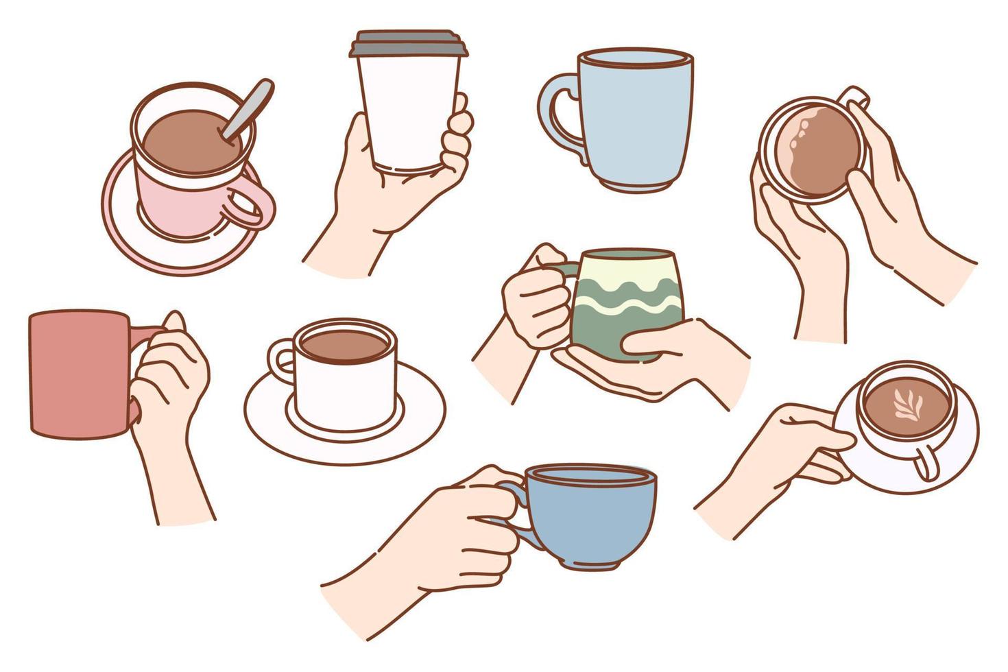 uppsättning av person håll muggar njut av kaffe i Kafé eller Hem. samling av människor med hämtmat eller tillfällig koppar dryck värma te eller cappuccino i coffee eller hus. platt vektor illustration.