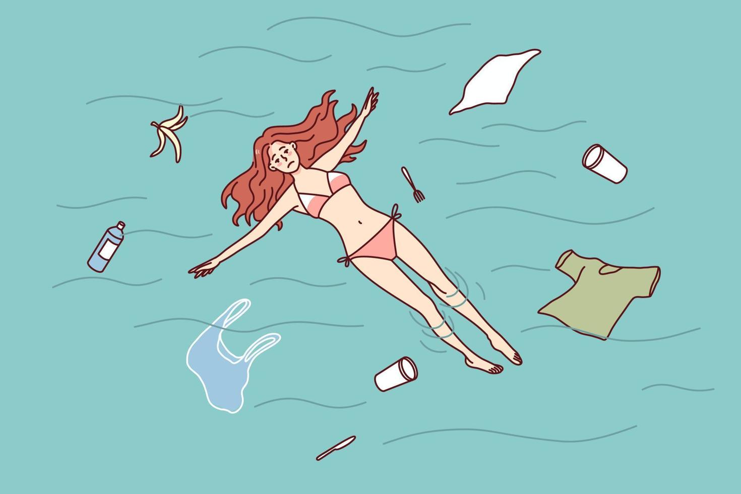 traurig Frau Schwimmen im verschmutzt Ozean Wasser. unzufrieden Mädchen betrübt mit Natur Umgebung Verschmutzung. Konzept von Ökologie Probleme. eben Vektor Illustration.