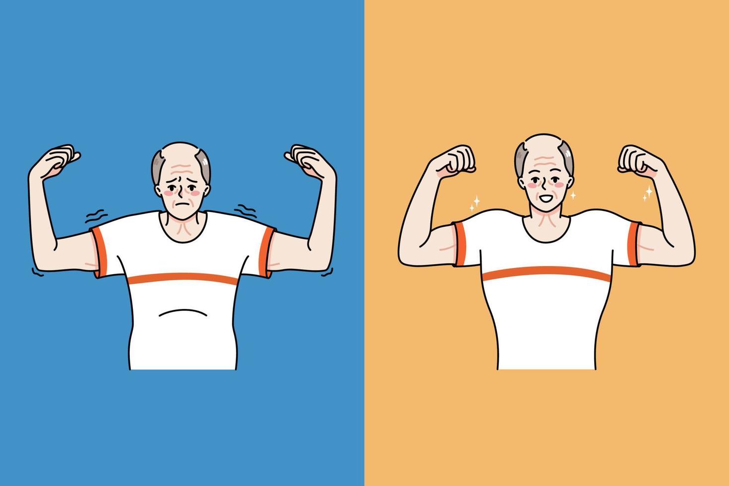 alt Mann Vor und nach Sport und physisch Aktivität. schwach und stark Senior Großvater Leben ändern. männlich Rentner Show gut Ergebnisse von Übung und Trainingseinheiten. Vektor Illustration.