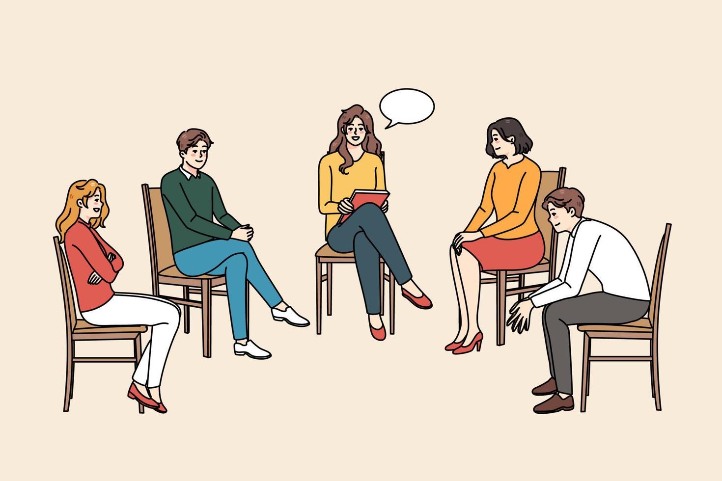 vielfältig Menschen beim Beratung Session mit weiblich Psychotherapeut im Büro. Männer und Frauen beim Gruppe psychologisch Treffen mit Berater oder Psychologe. eben Vektor Illustration.