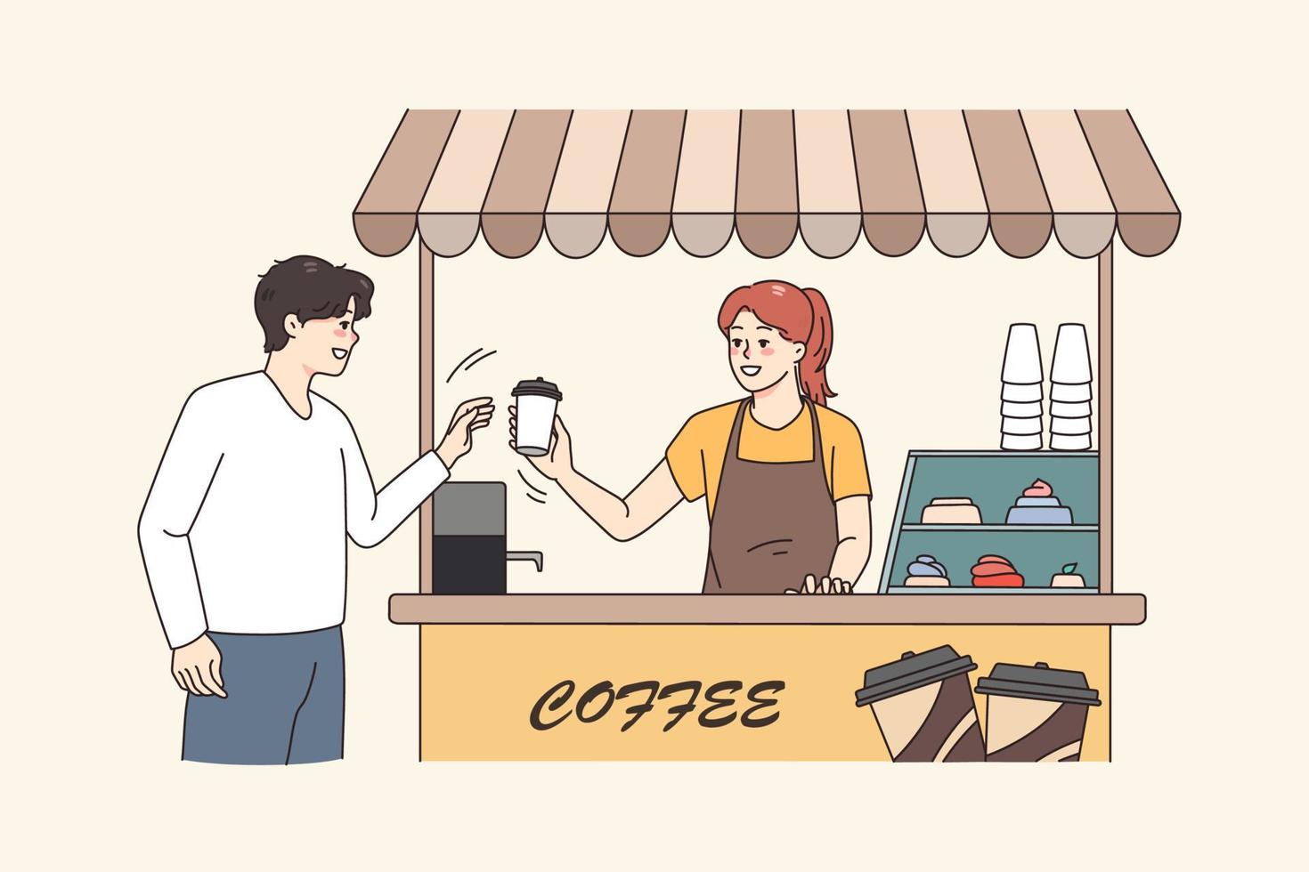 leende man köpa hämtmat kaffe i gata coffee från kvinna Barista. Lycklig flicka tjäna kille klient göra espresso eller cappuccino i cafeteria. små företag begrepp. vektor illustration.