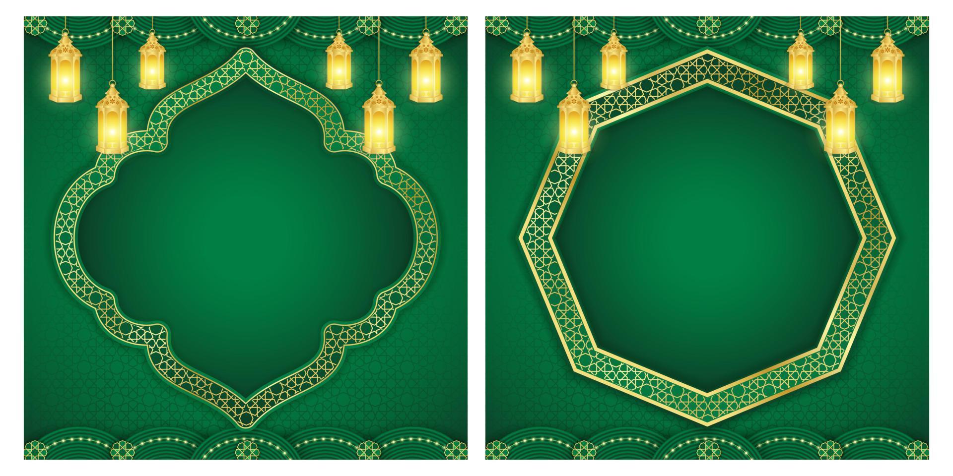 islamic prydnad mall för bakgrund, baner, affisch, omslag design, kuvert, social media utfodra. ramadan kareem och eid mubarak 2023 begrepp, grön tom bakgrund, muslim lykta, mönster vektor