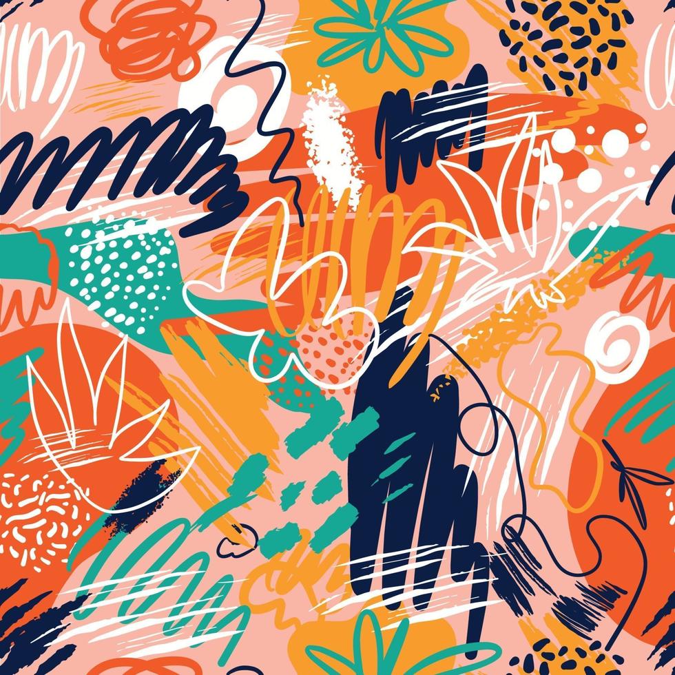 abstrakte nahtlose Muster mit handgezeichneten Texturen im Memphis-Stil, Trenddruck auf Weiß. Retro Mode Hintergrund. vektor