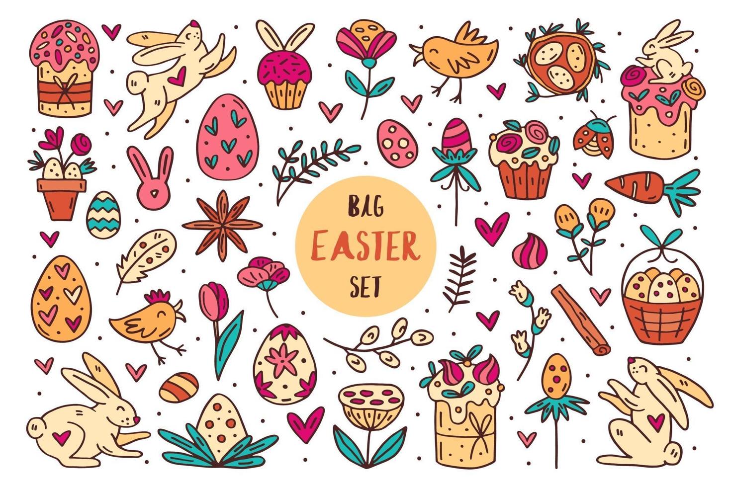 Ostern Gekritzel Hand gezeichneten Vektorsatz von Elementen, ClipArt, Illustration, Aufkleber. Strichzeichnungen Design. isoliert auf weißem Hintergrund. Osterkuchen, Kaninchen, Muffins, Pflanzen, Eier, Gewürze, Blumen. vektor