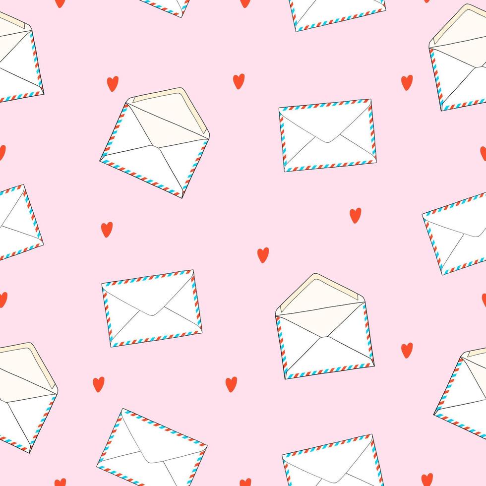 sömlös mönster med kuvert och hjärta. post och posta kontor konceptuell teckning. isolerat vektor illustration. rosa bakgrund
