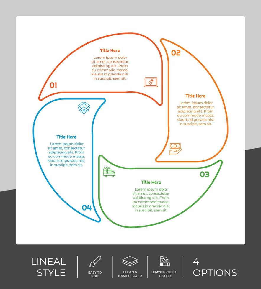 geradlinig Prozess Kreis Infografik Vektor Design mit 4 Schritte zum Geschäft. Schritt Infografik können Sein benutzt zum Präsentation, Broschüre und Marketing.