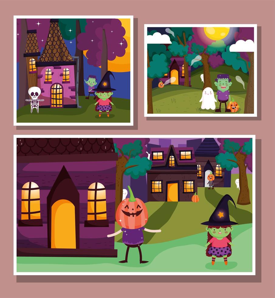 Happy Halloween, Süßes oder Saures Kartenset mit niedlichen Charakteren vektor