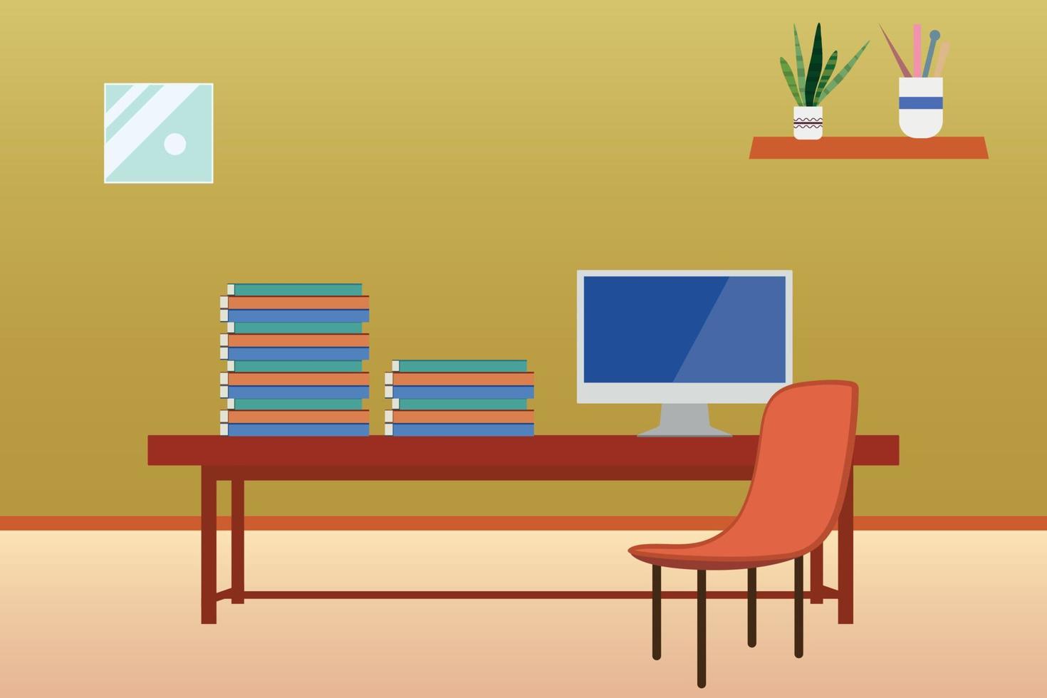 Zuhause Büro Innere Zimmer Hintergrund Studie Tisch, Bücher Vektor Illustration