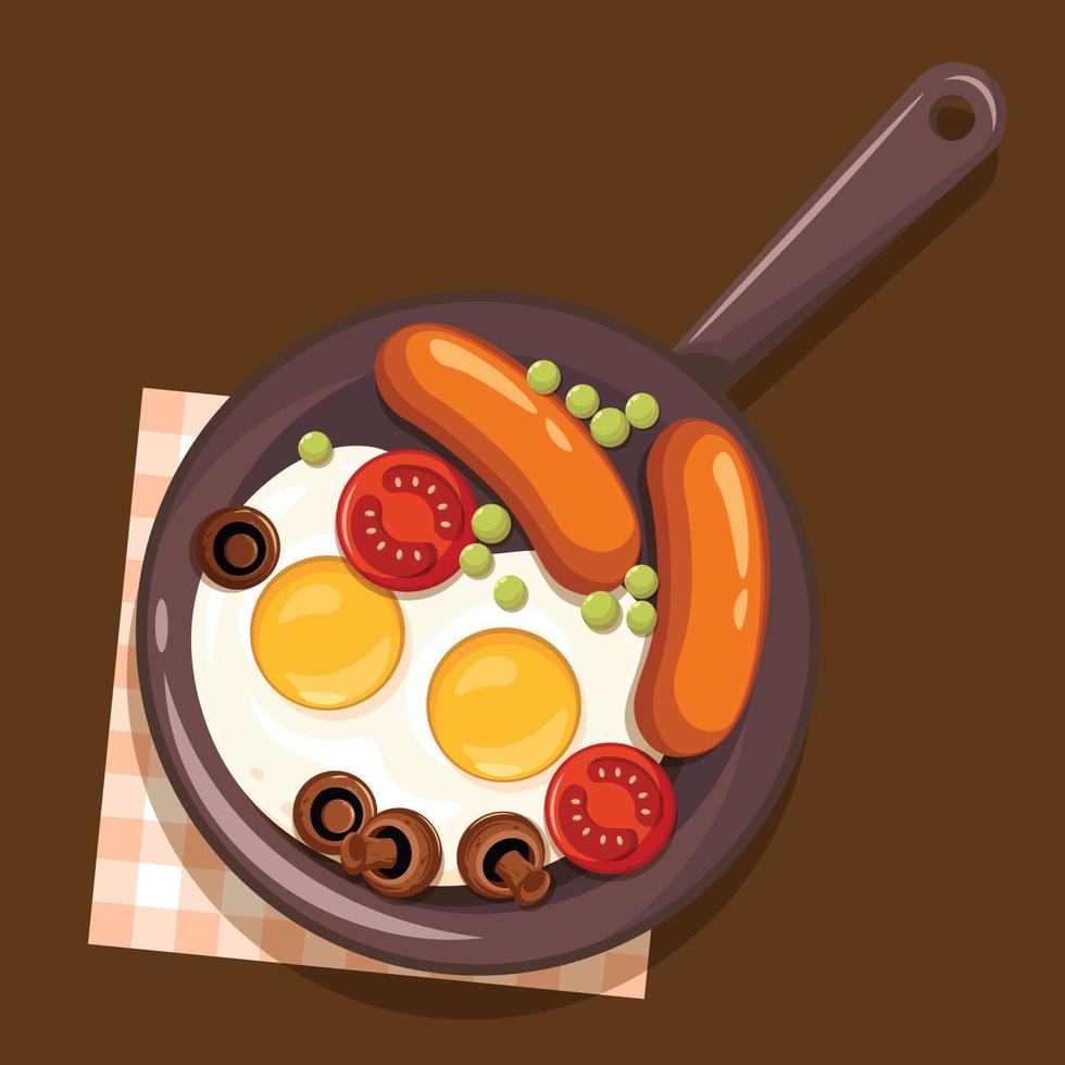 traditionell britisch Frühstück mit gebraten Eier, Würste, Bohne, Tomate und Pilz auf braten schwenken Vektor Illustration