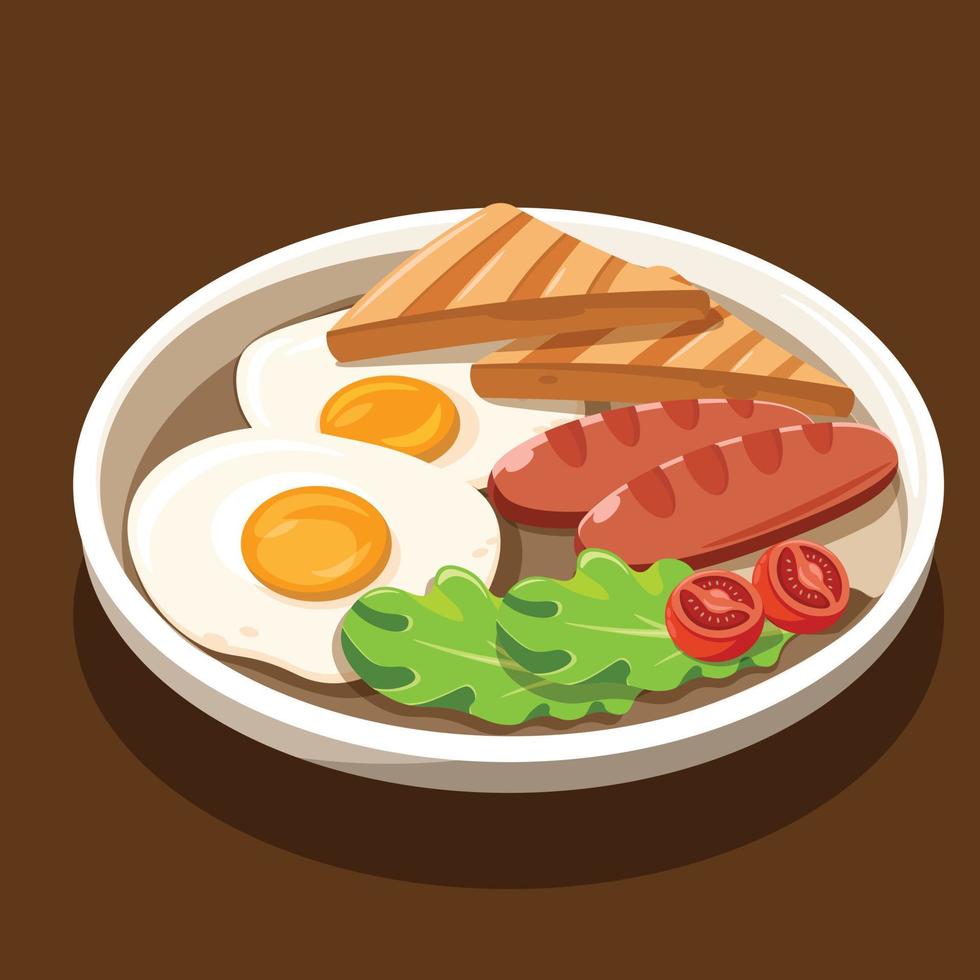 traditionell brittiskt frukost med friterad ägg, bakad rostat bröd, korv och sallad tomat sallad vektor illustration