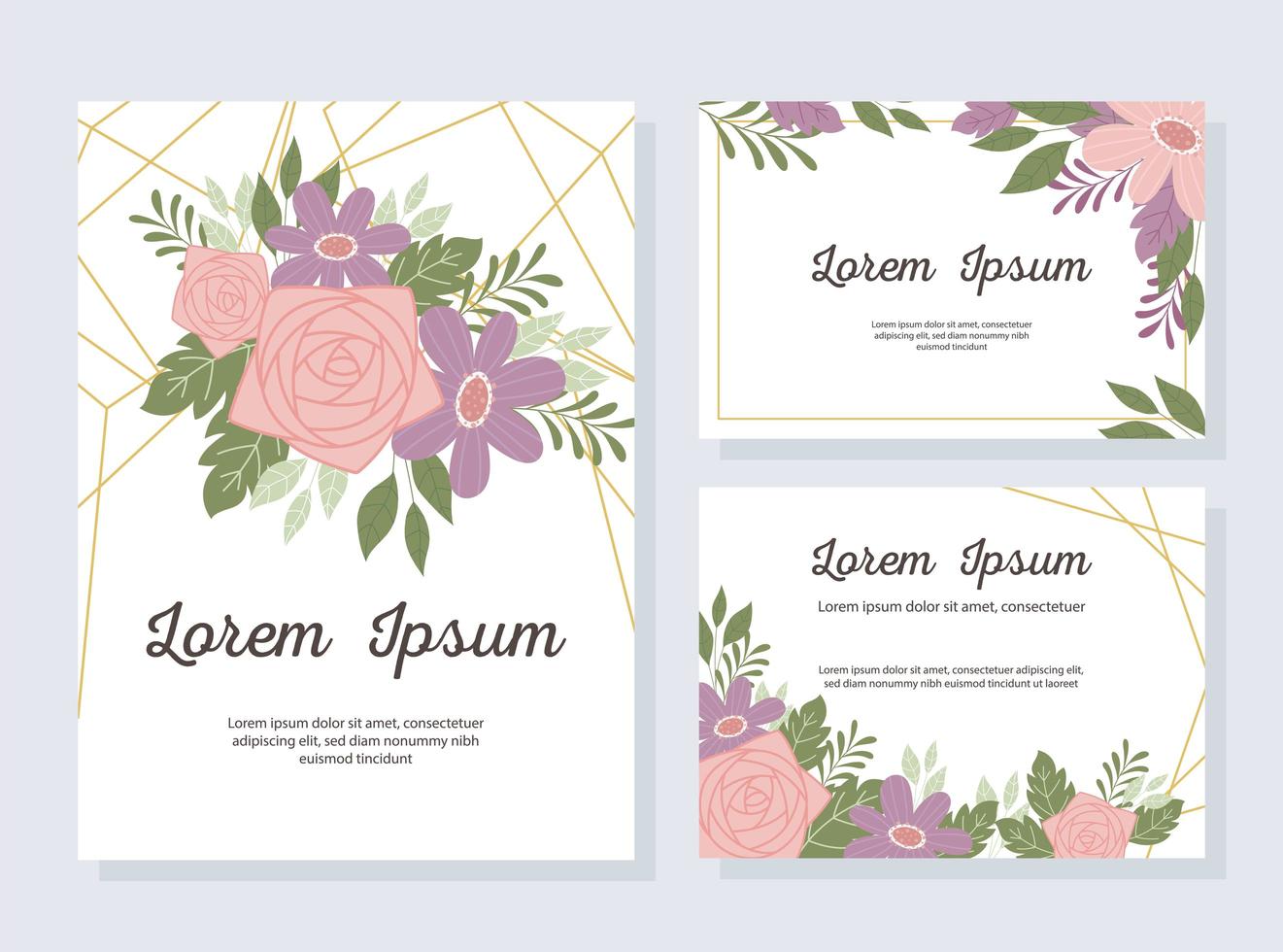 Hochzeitseinladungskartenset mit dekorativen Rahmen- und Blumenelementen vektor