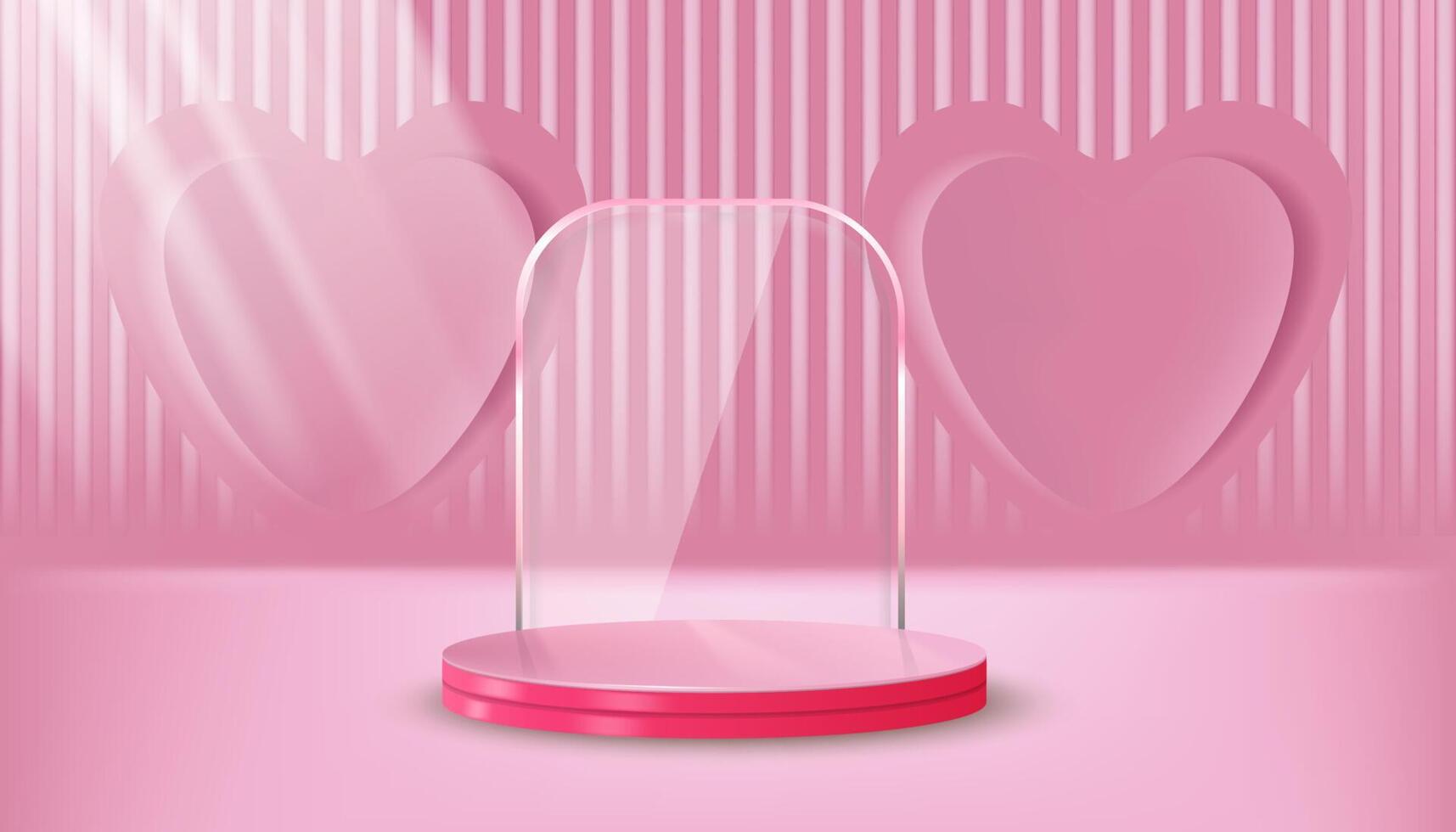 horizontal Rosa Linie Hintergrund mit Liebe, Pastell- Rosa mit Glas Spiegel und Licht Strahlen, backgorund Vektor 3d Zylinder gerendert zum Produkt Präsentation Studio