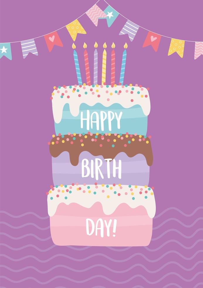 färgglatt födelsedagskort med tårta vektor