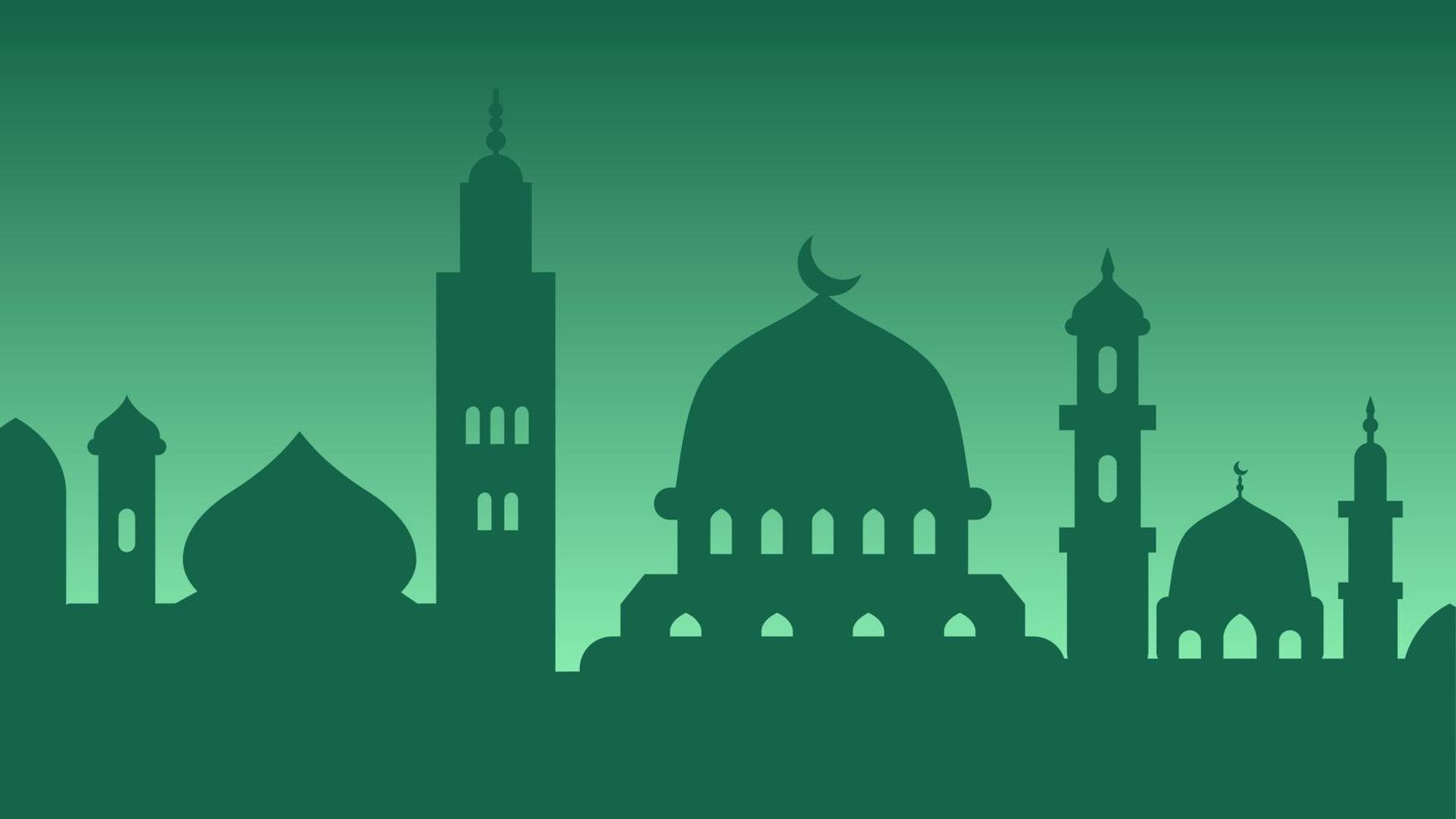 Silhouette Hintergrund von Moschee mit glänzend Grün Himmel zum Ramadan Design Grafik. Vektor Illustration von ein Bündel von Moscheen zum Ramadan Feier im Muslim Kultur und Islam Religion