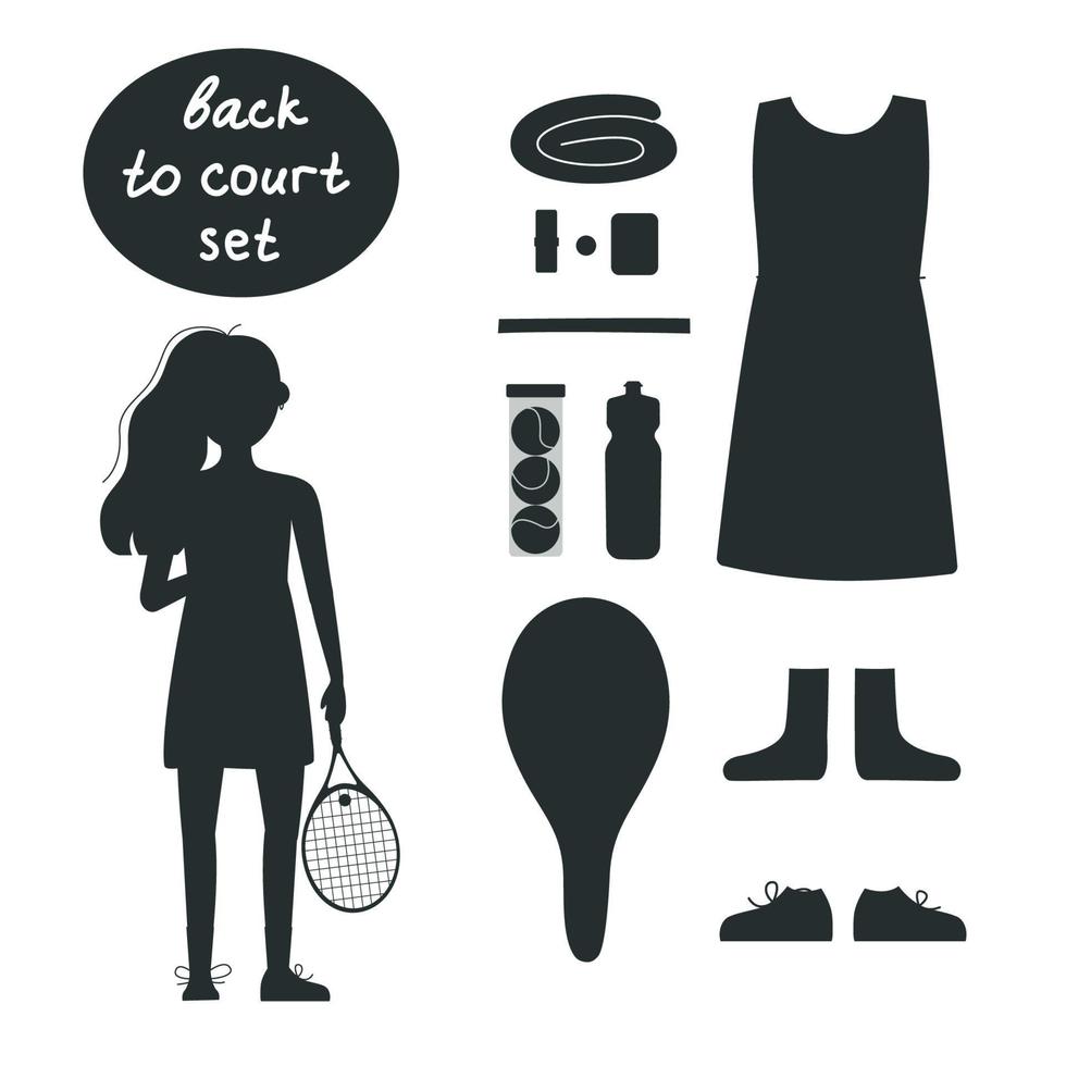 eben Vektor Silhouette Illustration im kindisch Stil. Hand gezeichnet Tennis Spieler, Ausrüstung und Ausrüstung